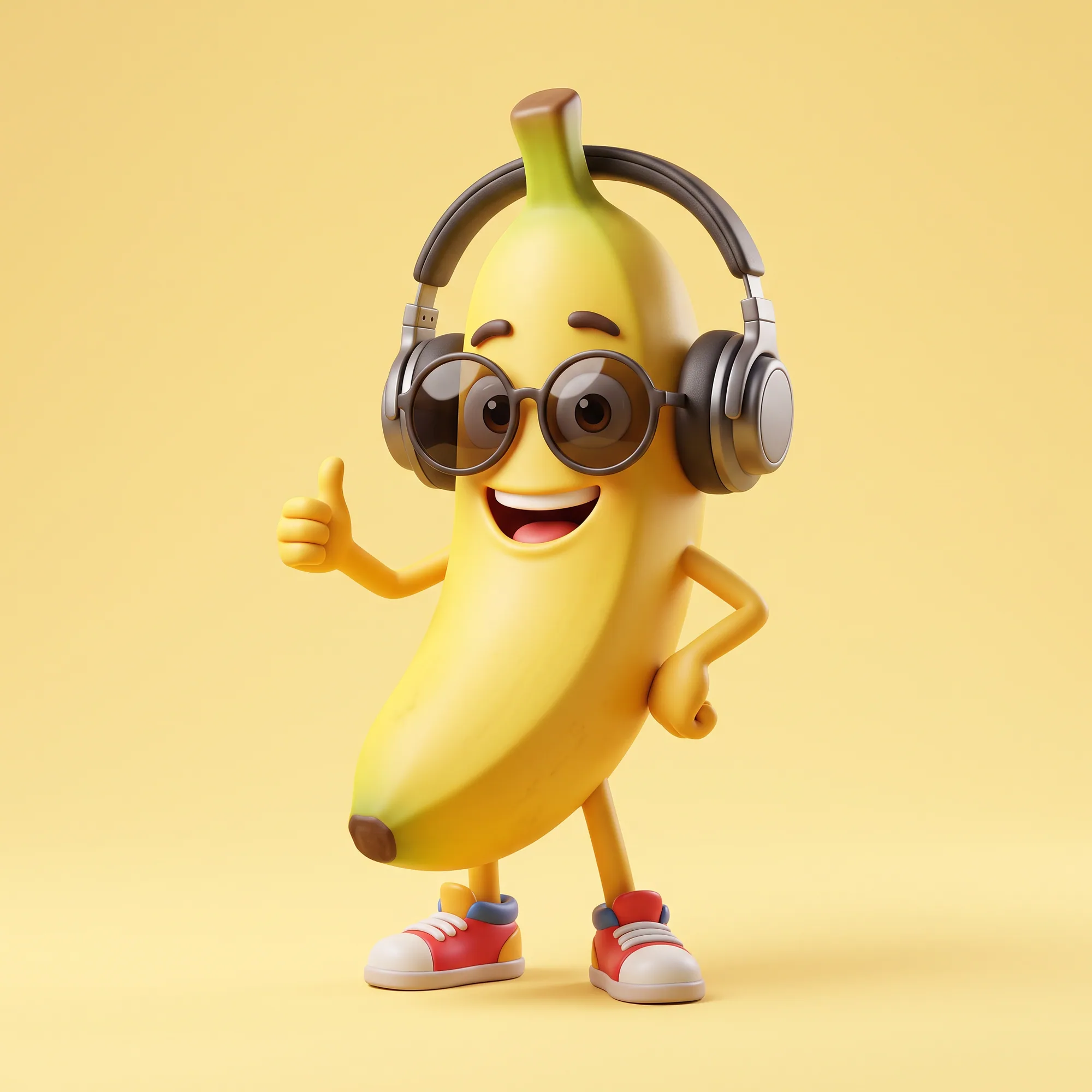 A friendly 3D banana mascot wearing round sunglasses and headphones, studio lighting, pastel yellow background, animated film style