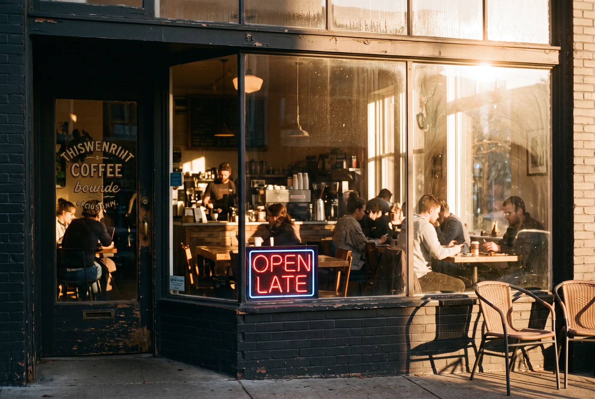 A cozy coffee shop at golden hour, 35mm film photo, warm light through the window, a neon sign in the window that reads "OPEN LATE"