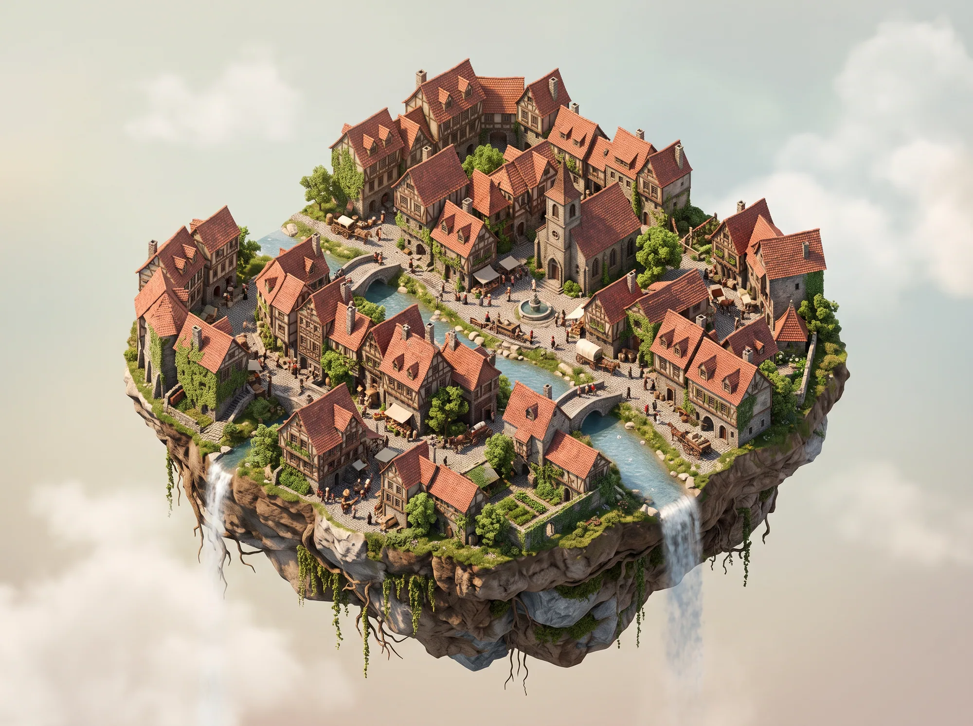 Isometric miniature of a small European old town on a floating island, a river and red-roof houses, soft daylight, highly detailed diorama